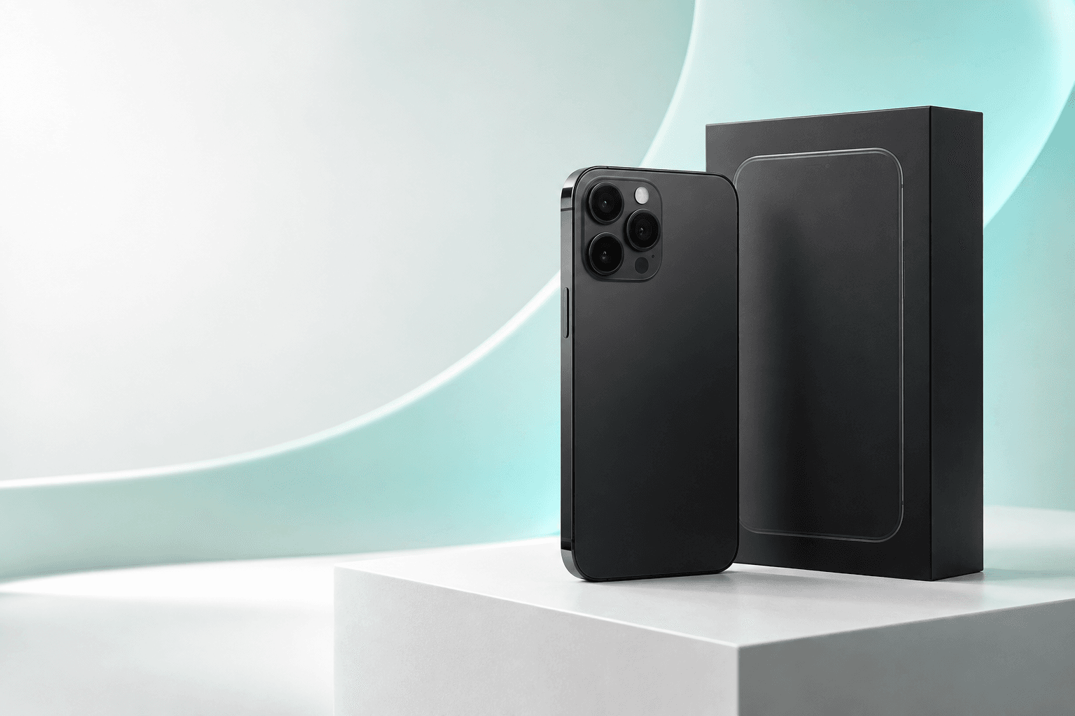 Teléfono premium negro y su caja en un estudio blanco con acentos menta